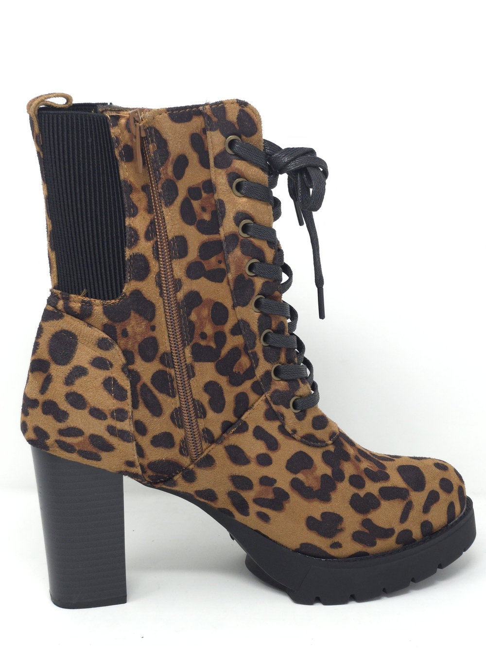 Leopard Print Chunky Heel Ankle Boots Faux Suede Lace Up Platform Zipper Trendy - Picture 4 of 12